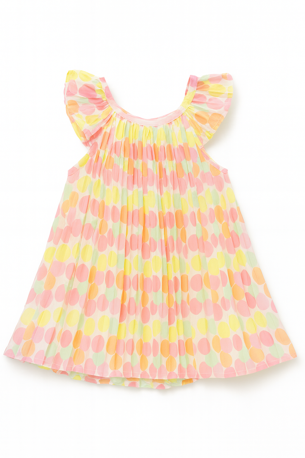 Multicolor Polka Dot Baby Girl Dress – Pleated & Ruffle Sleeve Design Pleated multicolor polka dot baby girl dress with ruffle sleeves